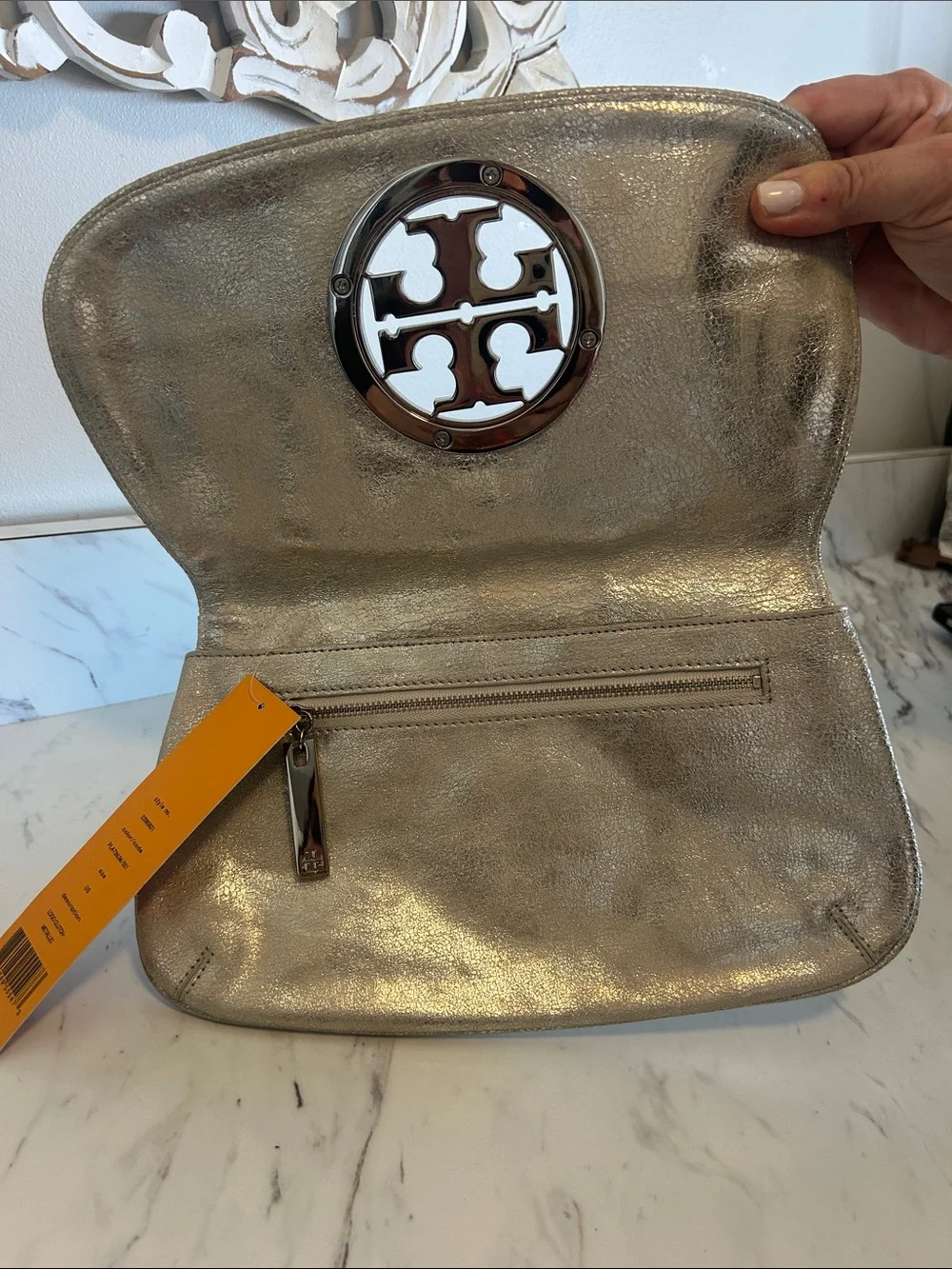 Tory Burch Metallic Silver Logo Wristlet Clutch